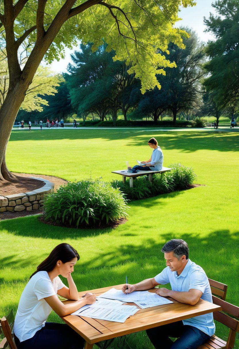 A split-image design showing a person contemplating insurance premiums on one side, with financial graphs and figures in the background, while the other side illustrates a serene life situation like a family enjoying a picnic, symbolizing peace of mind from covered claims. The colors should be harmonious, blending calm blues with vibrant greens, suggesting security and stability. super-realistic. vibrant colors. white background.