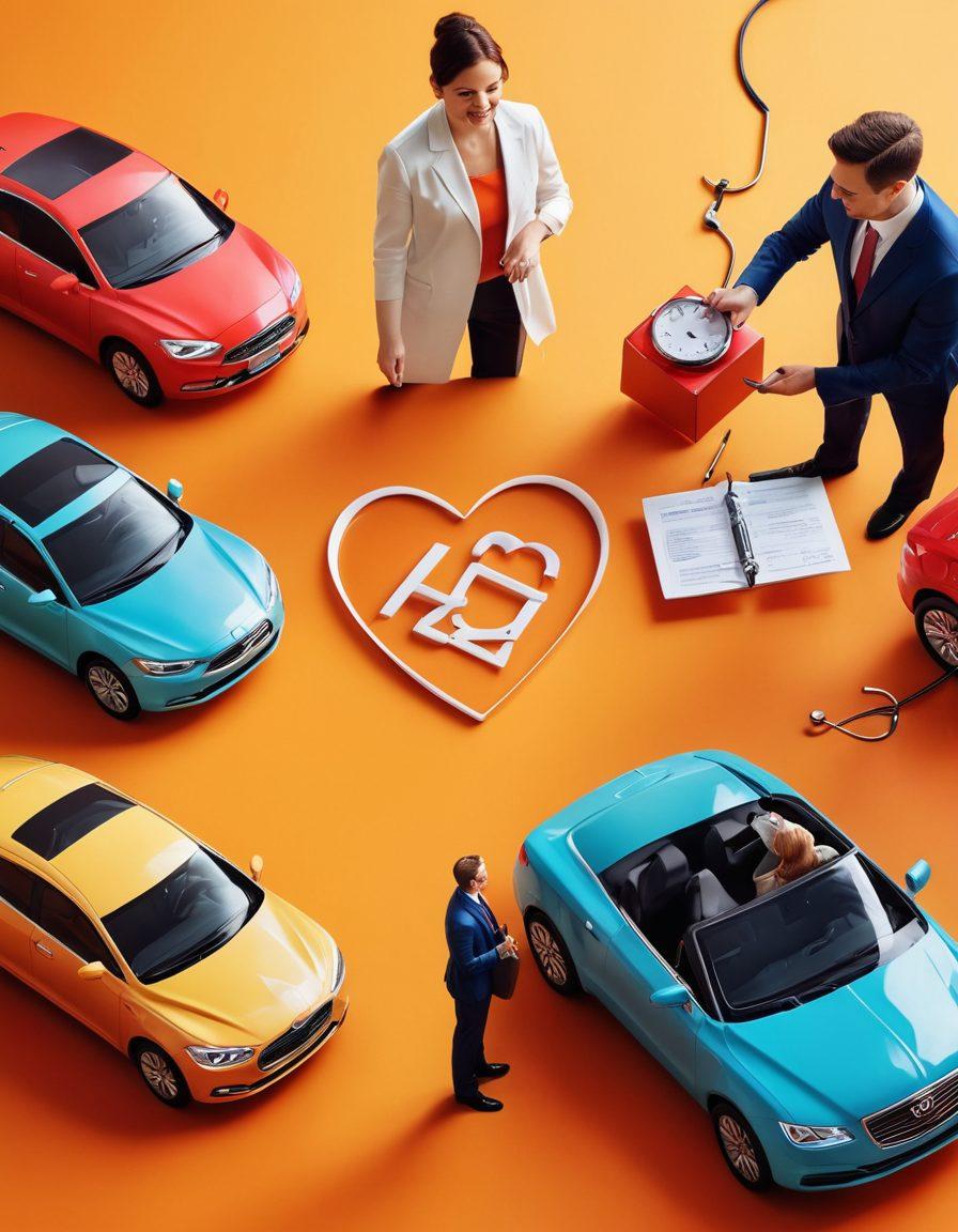 A diverse group of people discussing various insurance topics, with visual elements representing auto, health, and life insurance. Include symbols like a car, a stethoscope, and heart icons floating around them. The setting should feel welcoming and informative, with a blend of professional and personal care. Use warm tones and approachable designs to create a friendly atmosphere. vibrant colors. super-realistic.